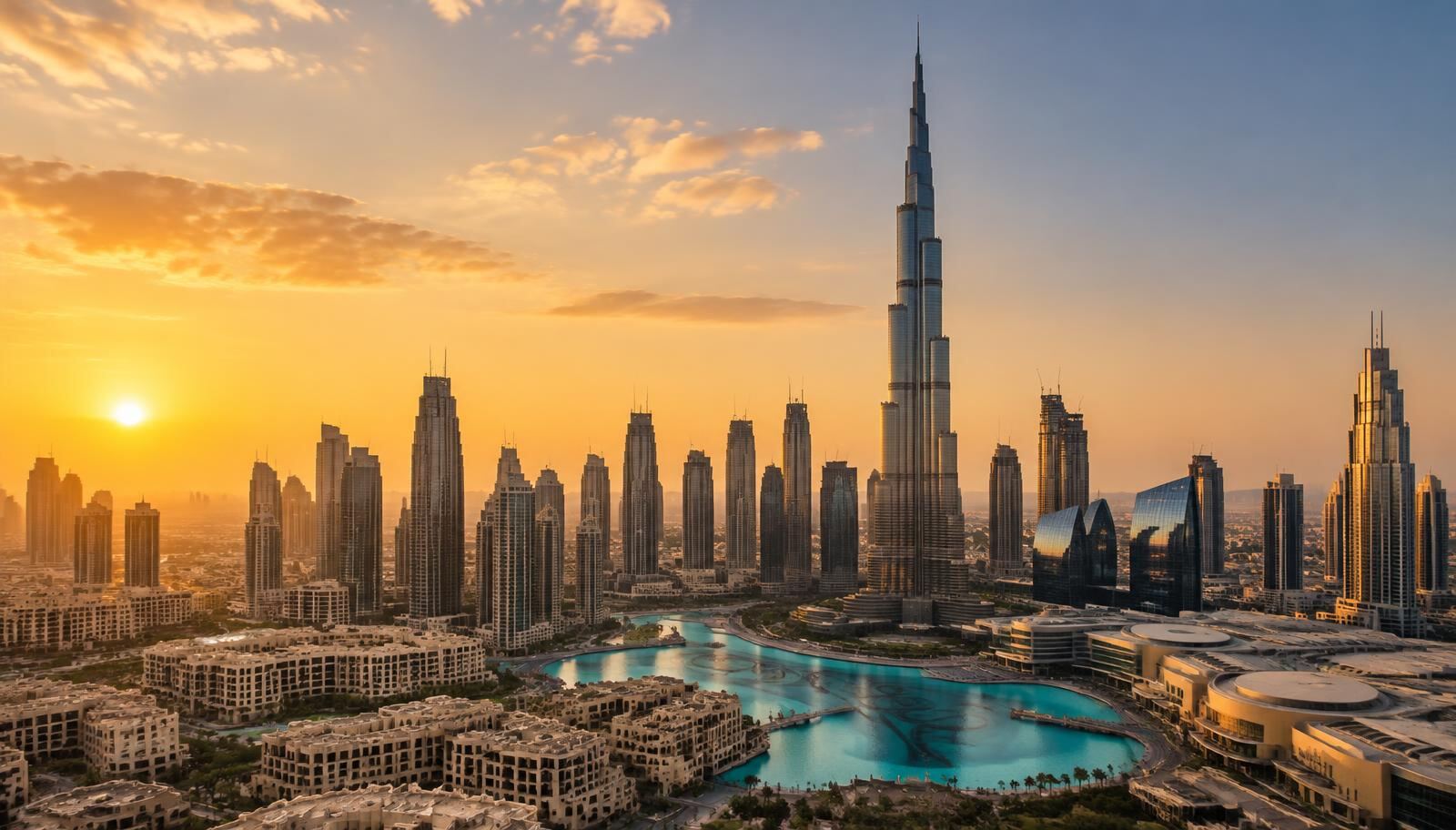 Dubai skyline with Burj Khalifa at golden hour