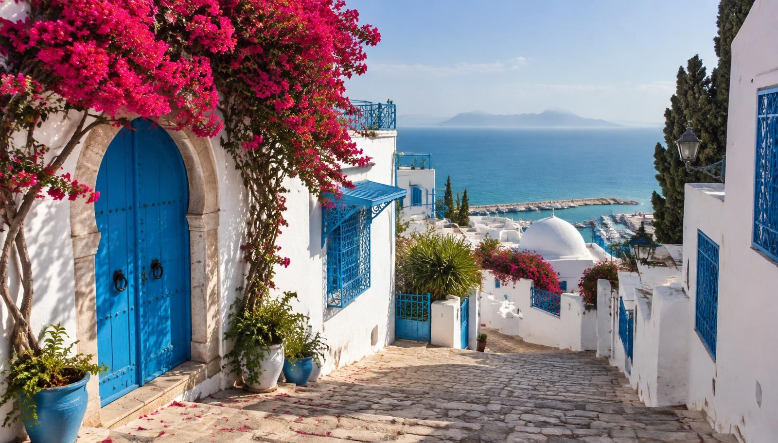 Blue-and-white streets of Sidi Bou Said by the Mediterranean